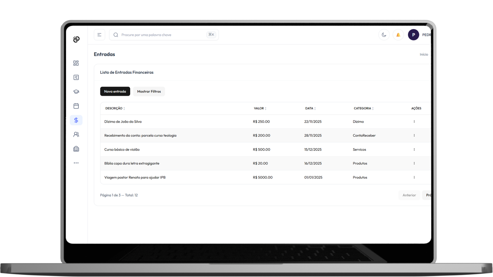 Tela de lançamentos financeiros do Aliance