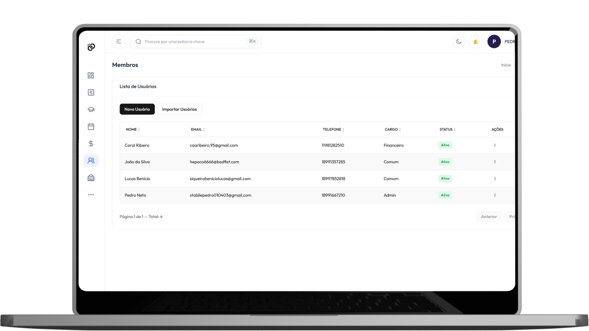 Tela de Gestão de Membros do Aliance
