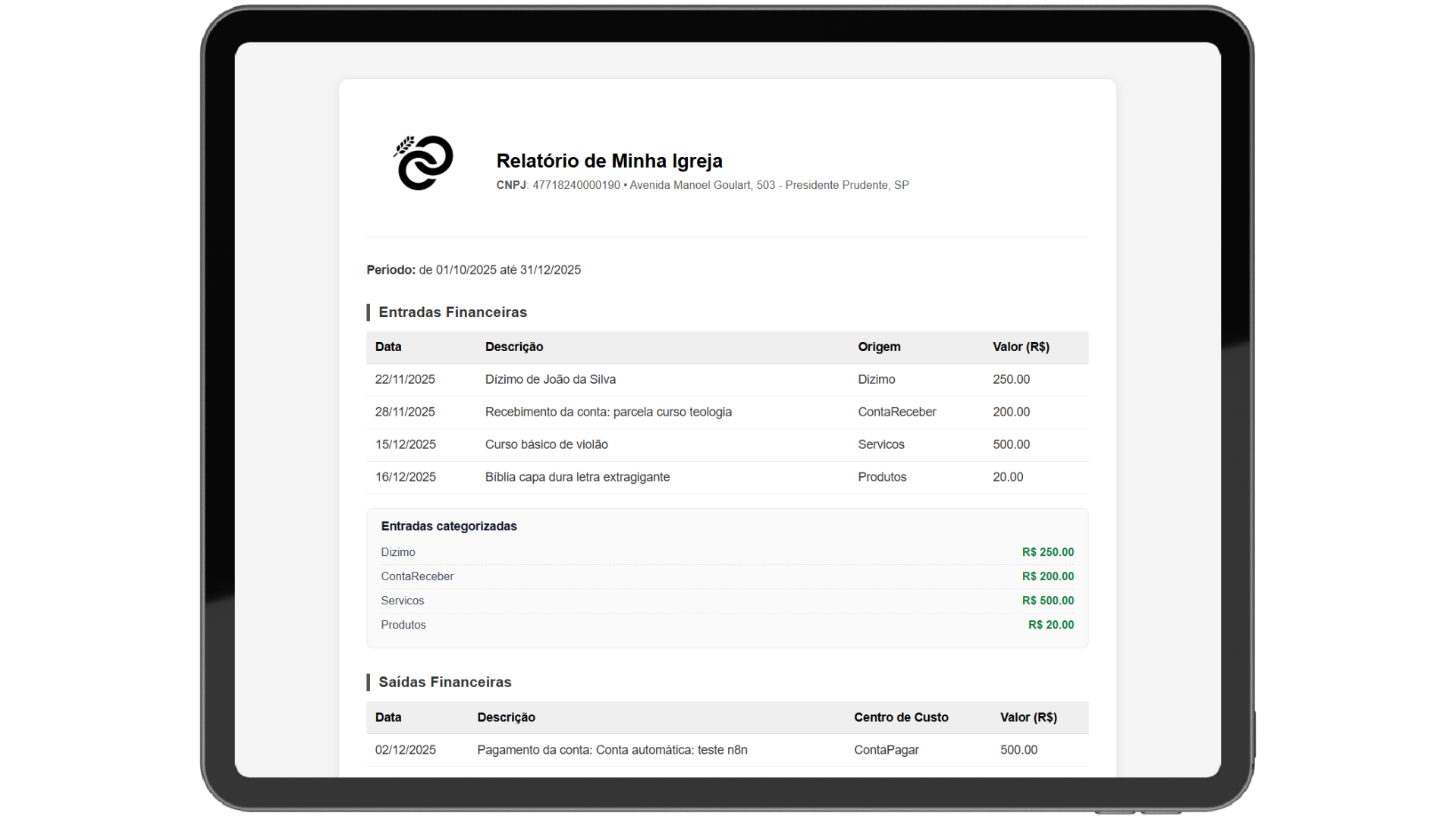 Exemplo de Relatório Financeiro